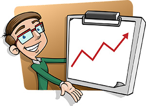 Cartoon of Ocean County SEO professional holding a clipboard with a graph of a red line and arrow pointing up
